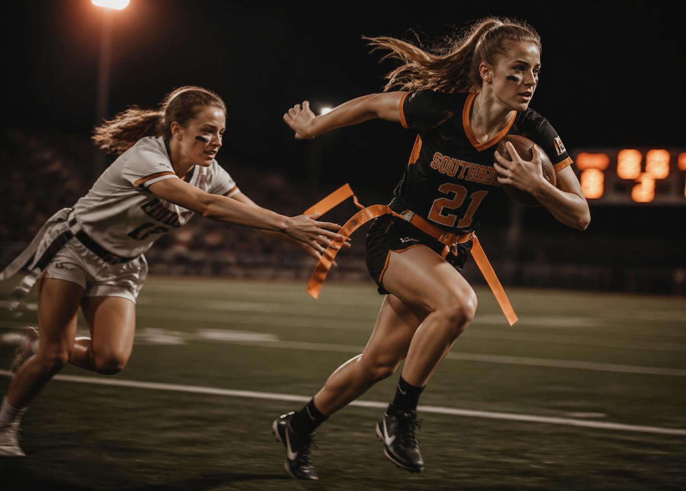 Girls flag football player breaking away from a defender under stadium lights