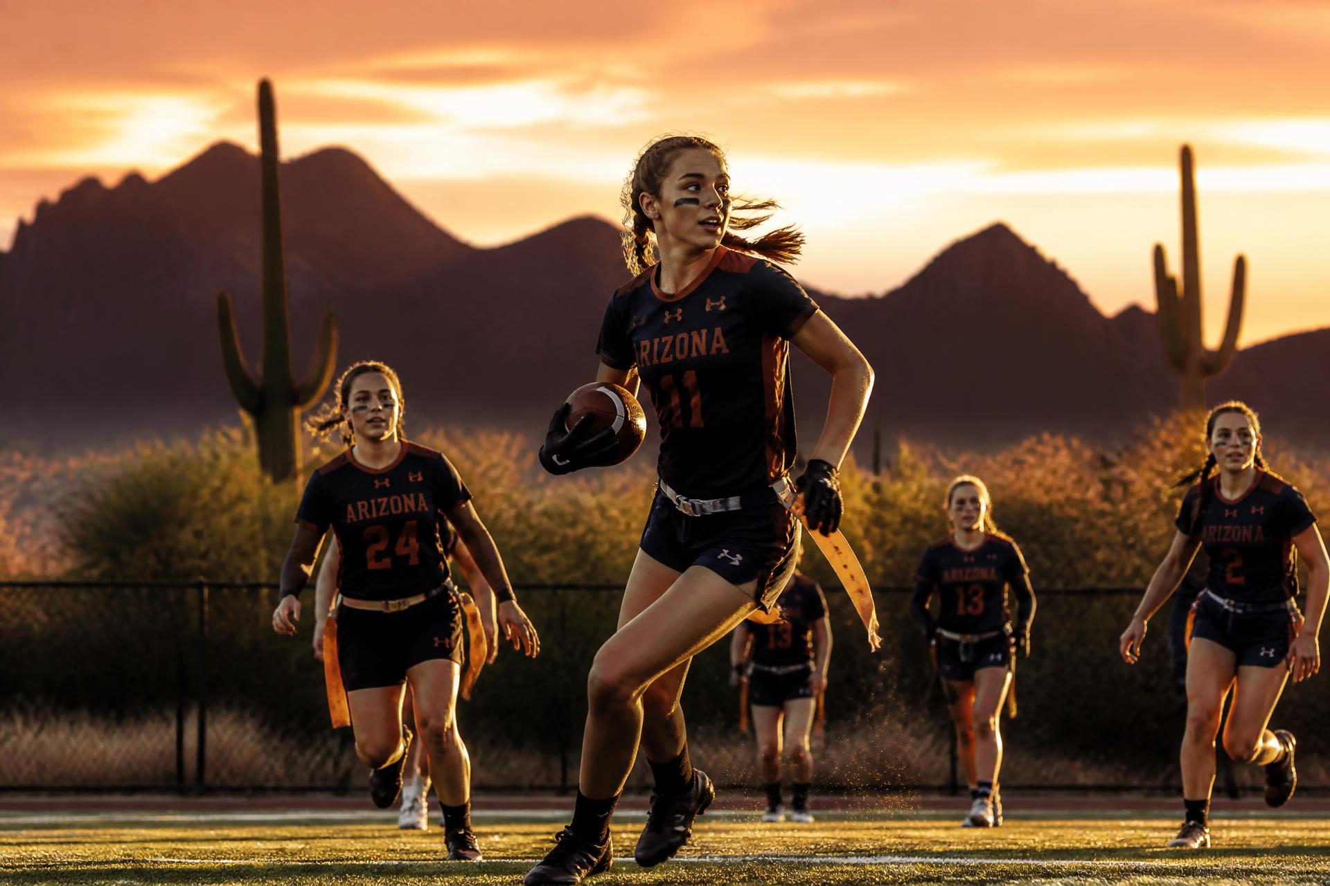 Girls flag football players running on an Arizona field at sunset